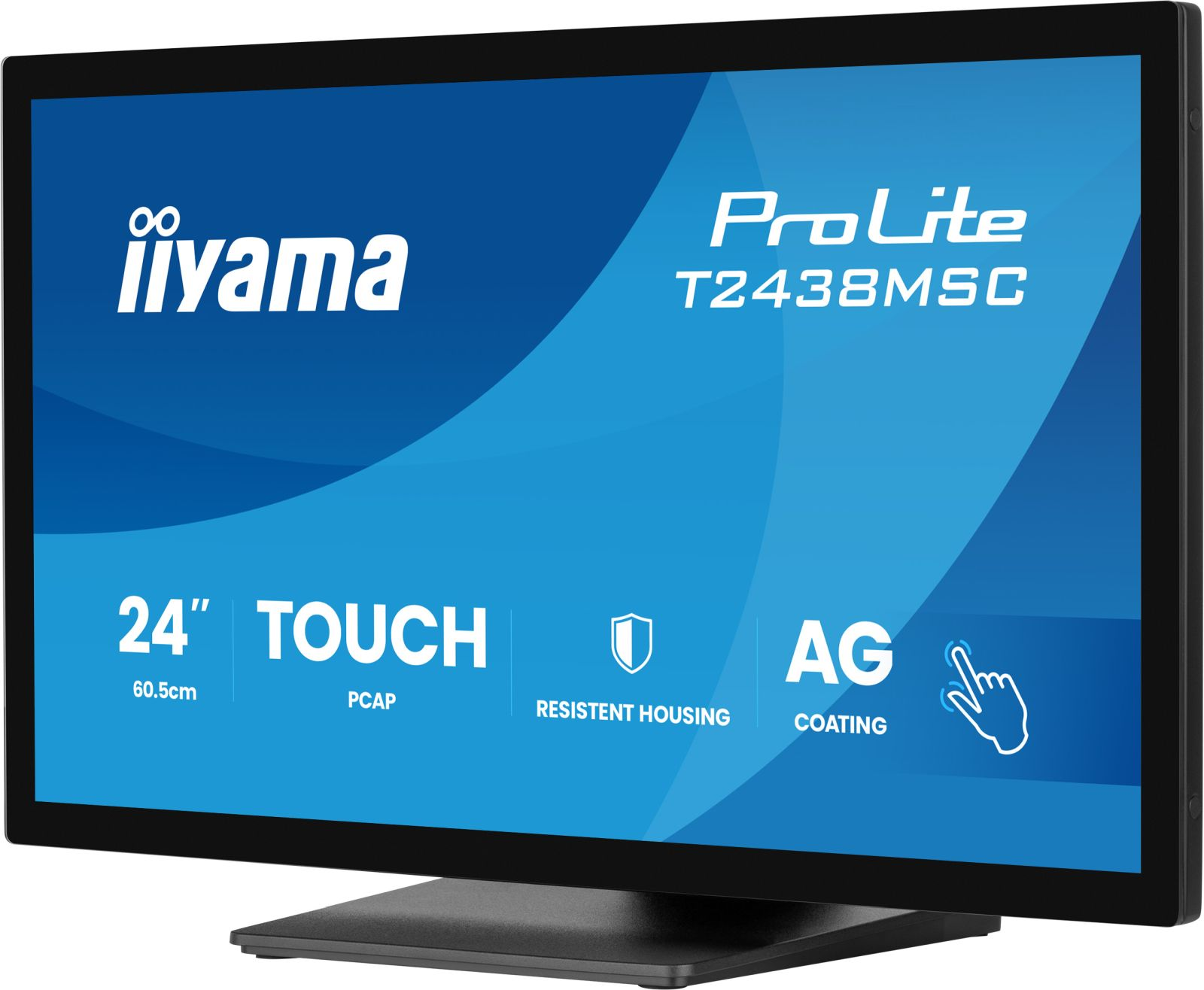 Un monitor touchscreen da 24 pollici con logo e caratteristiche ProLite T2438MSC.