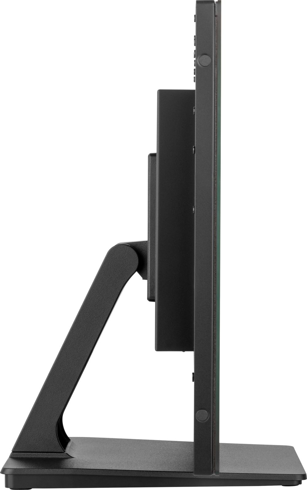 Vista laterale di un monitor nero su un supporto con braccio regolabile.