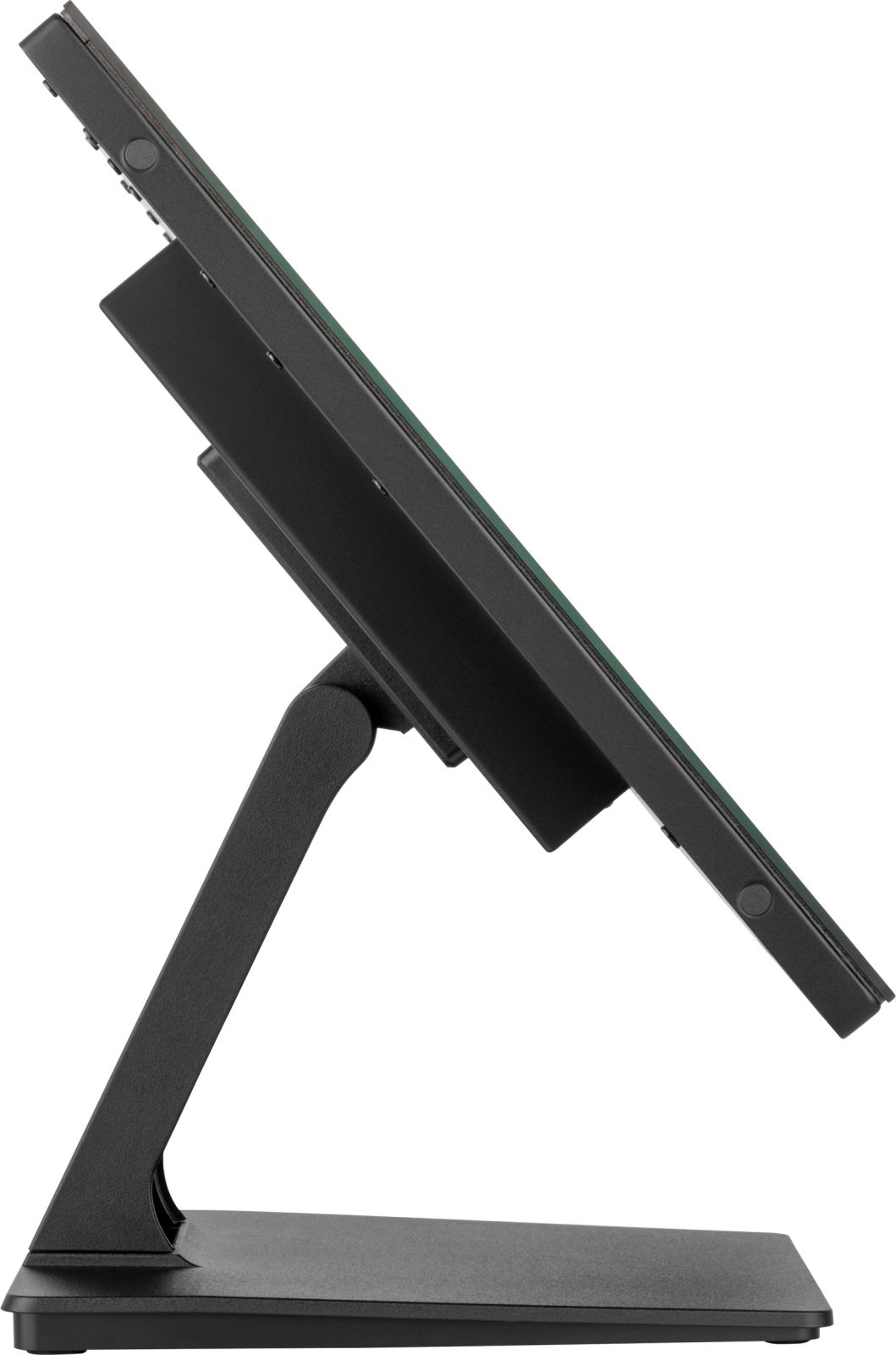 Monitor a schermo piatto nero su un supporto, visto di lato. Sfondo bianco.