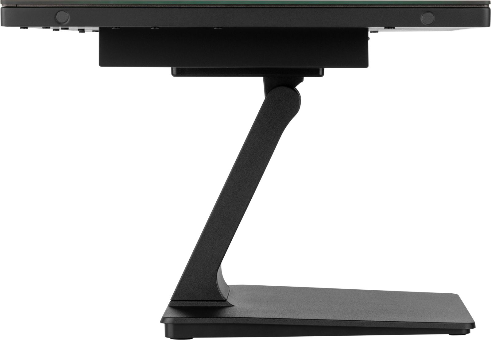 Supporto per monitor nero con braccio a Z su base rettangolare.