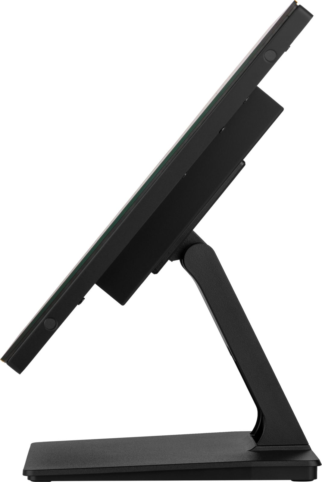 Monitor nero su un supporto, mostrato di lato.