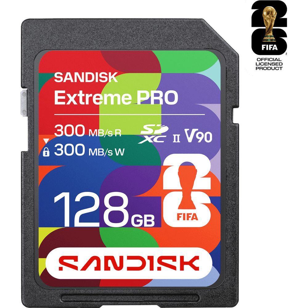 Scheda SD Sandisk Extreme Pro 128GB con logo FIFA, 300MB/s lettura/scrittura.
