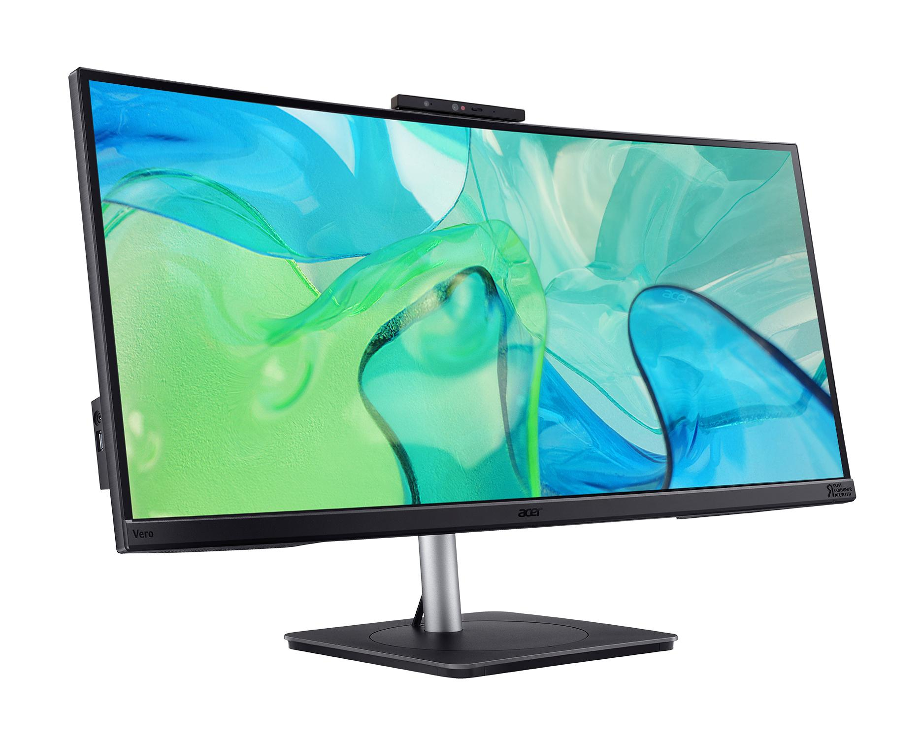 Un monitor Acer con cornice nera e webcam in alto.