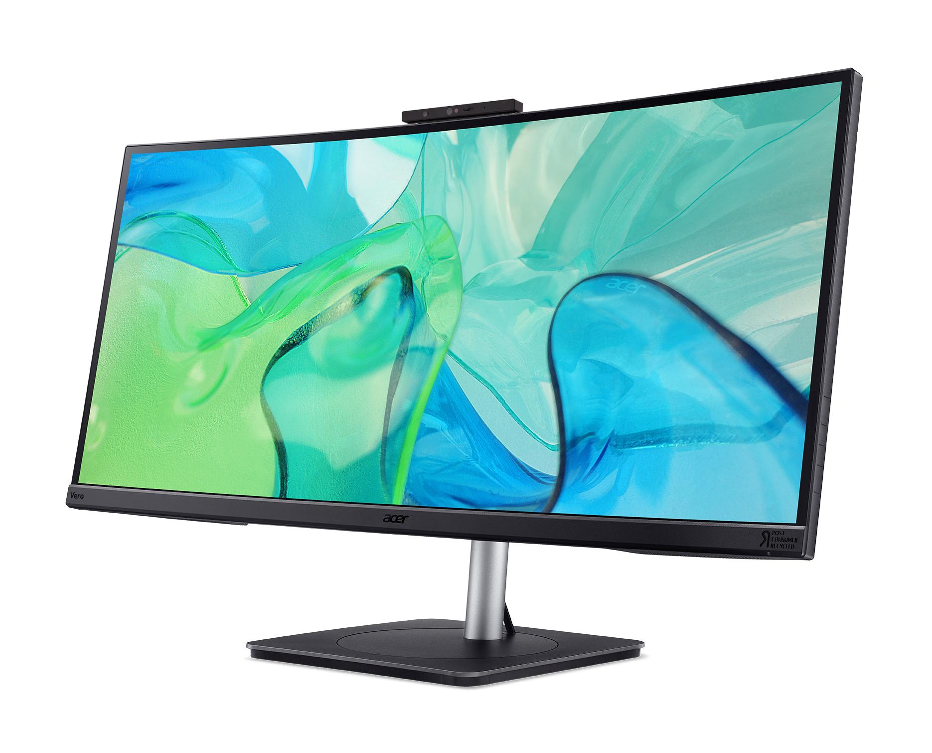 Un monitor curvo Acer con webcam e sfondo astratto.
