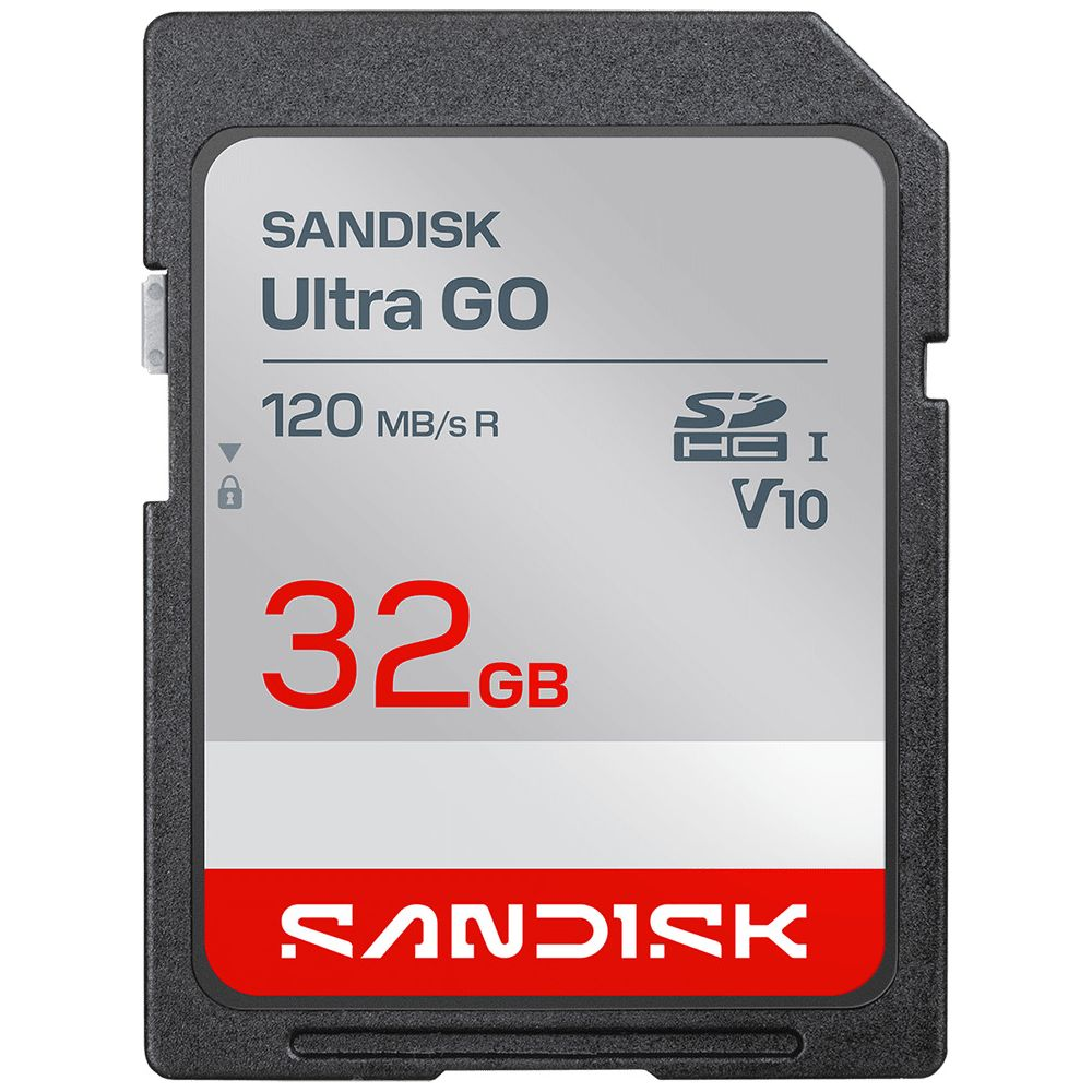 Una scheda SD nera da 32 GB, Sandisk Ultra GO, 120 MB/s.