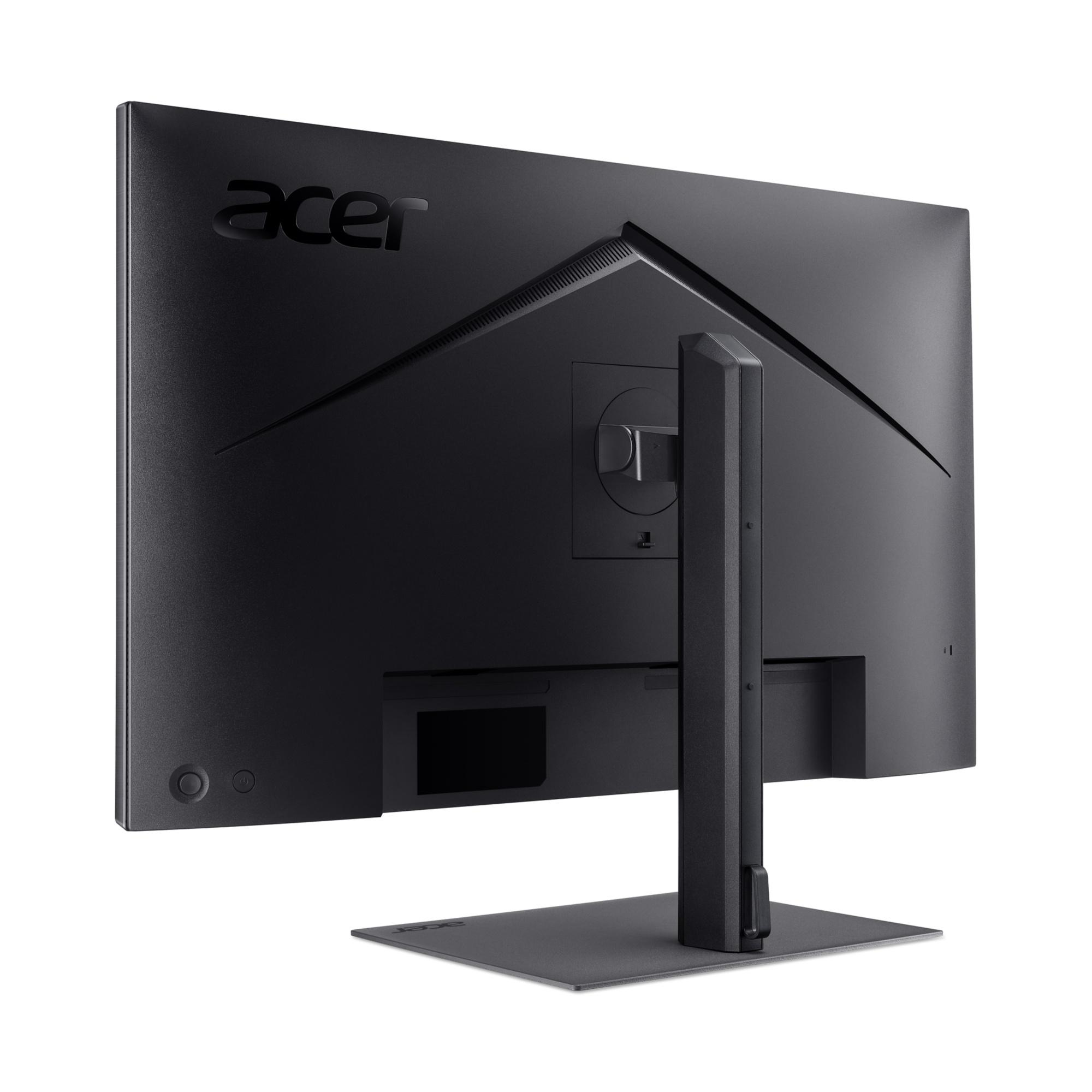Vista posteriore di un monitor Acer nero su un supporto quadrato.