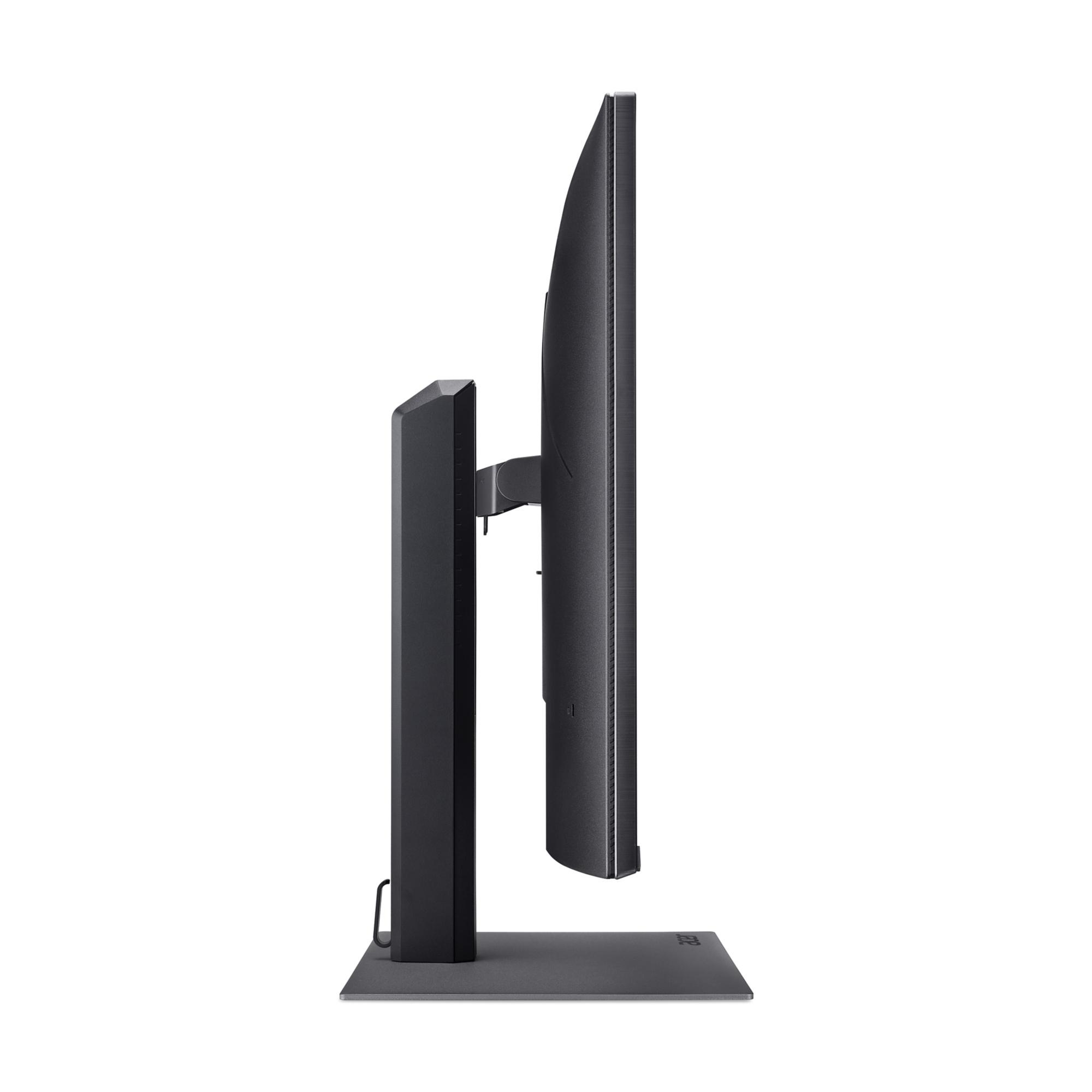 Supporto per monitor nero con schermo sottile, vista laterale su sfondo bianco.
