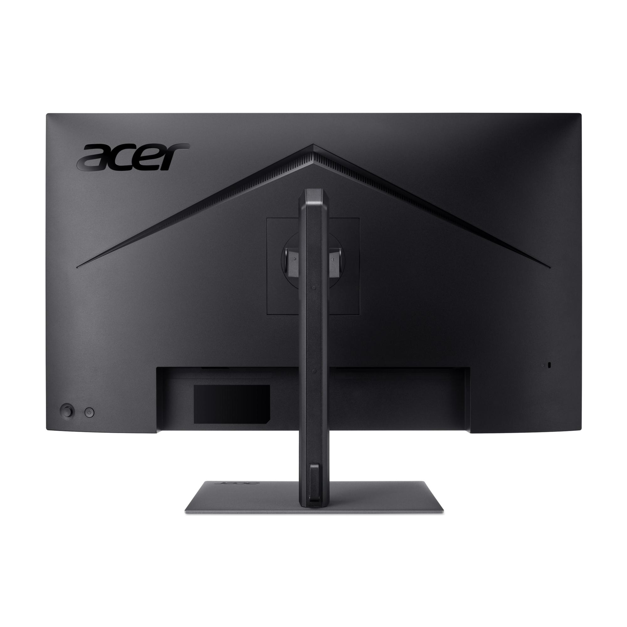 Retro di un monitor Acer nero con supporto e area di connessione.
