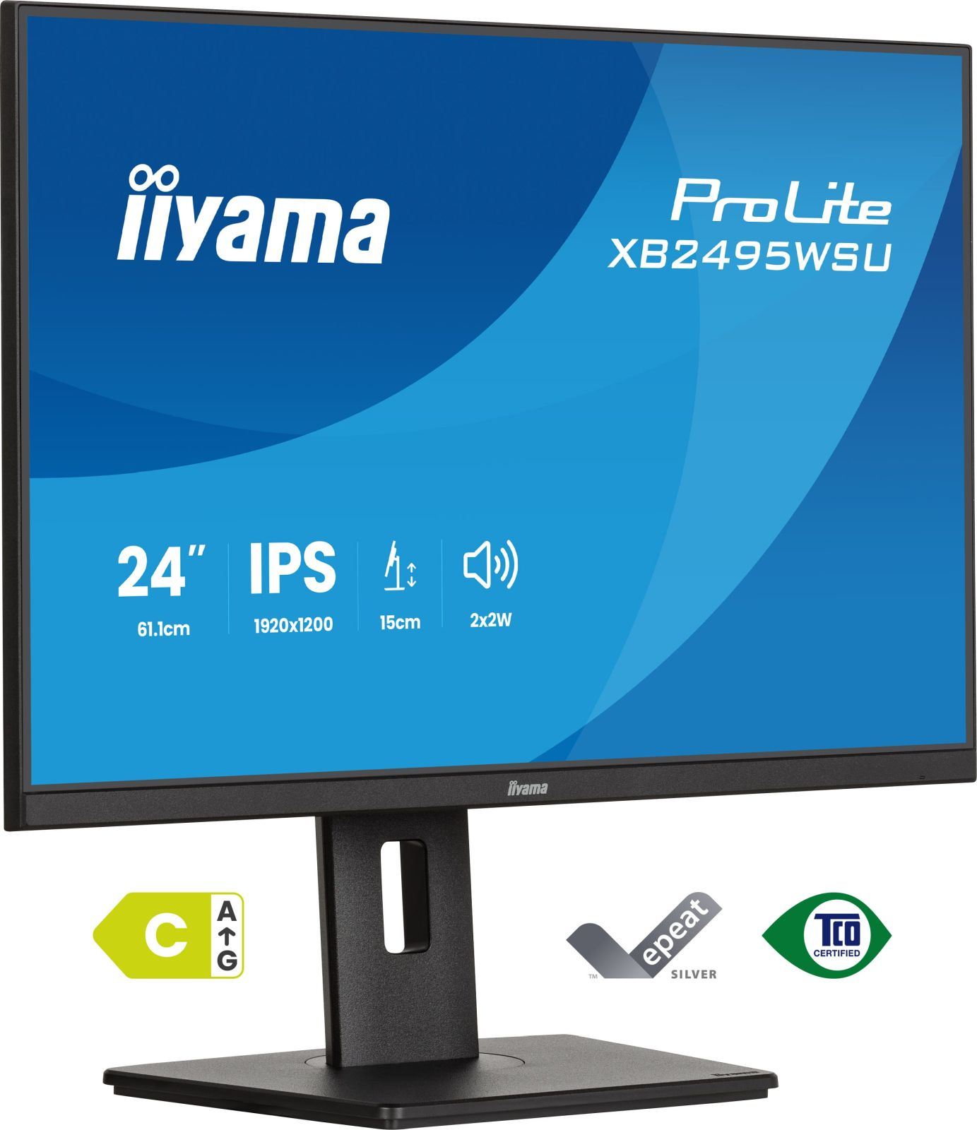 Un monitor nero Iiyama ProLite da 24 pollici con specifiche sullo schermo. Etichetta energetica C.