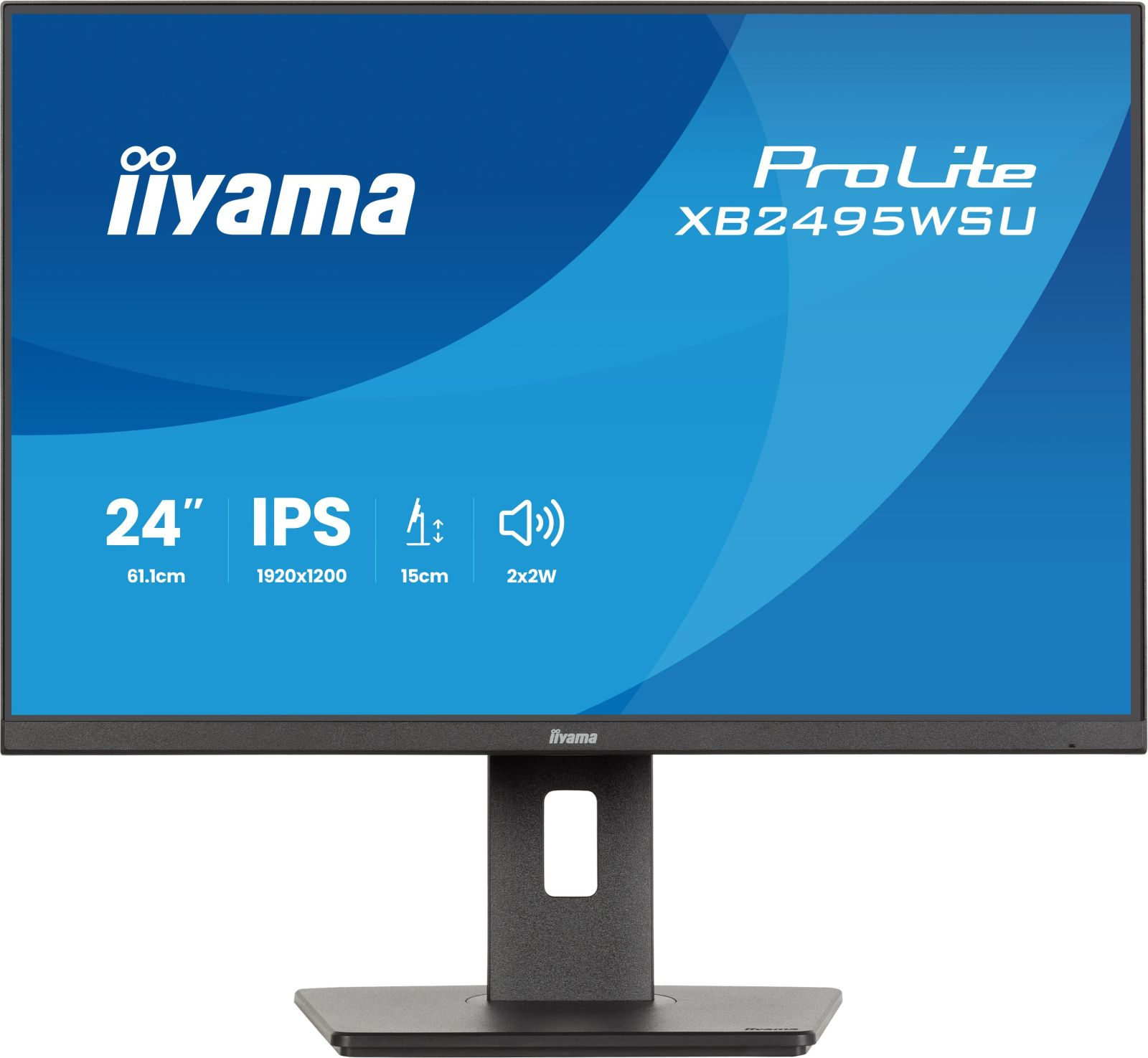 Un monitor IPS da 24 pollici con risoluzione 1920x1200 su un supporto nero.