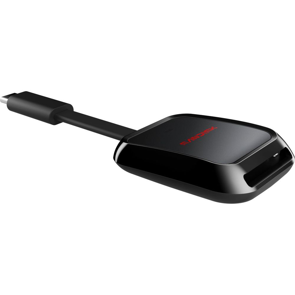 Lecteur de carte noir avec logo SanDisk rouge et connecteur USB-C.