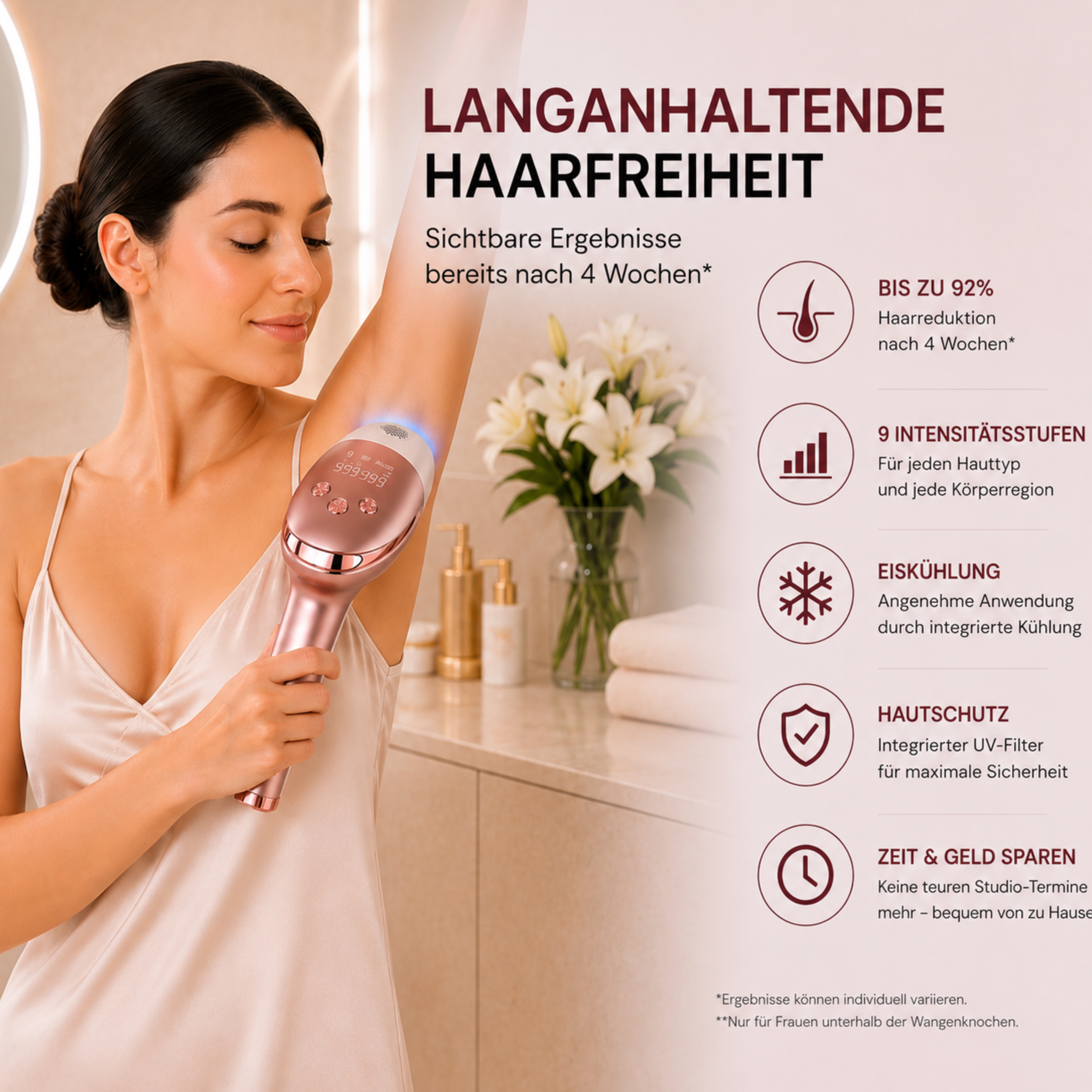 Frau benutzt IPL-Haarentfernungsgerät am Arm, mit Text über Vorteile.