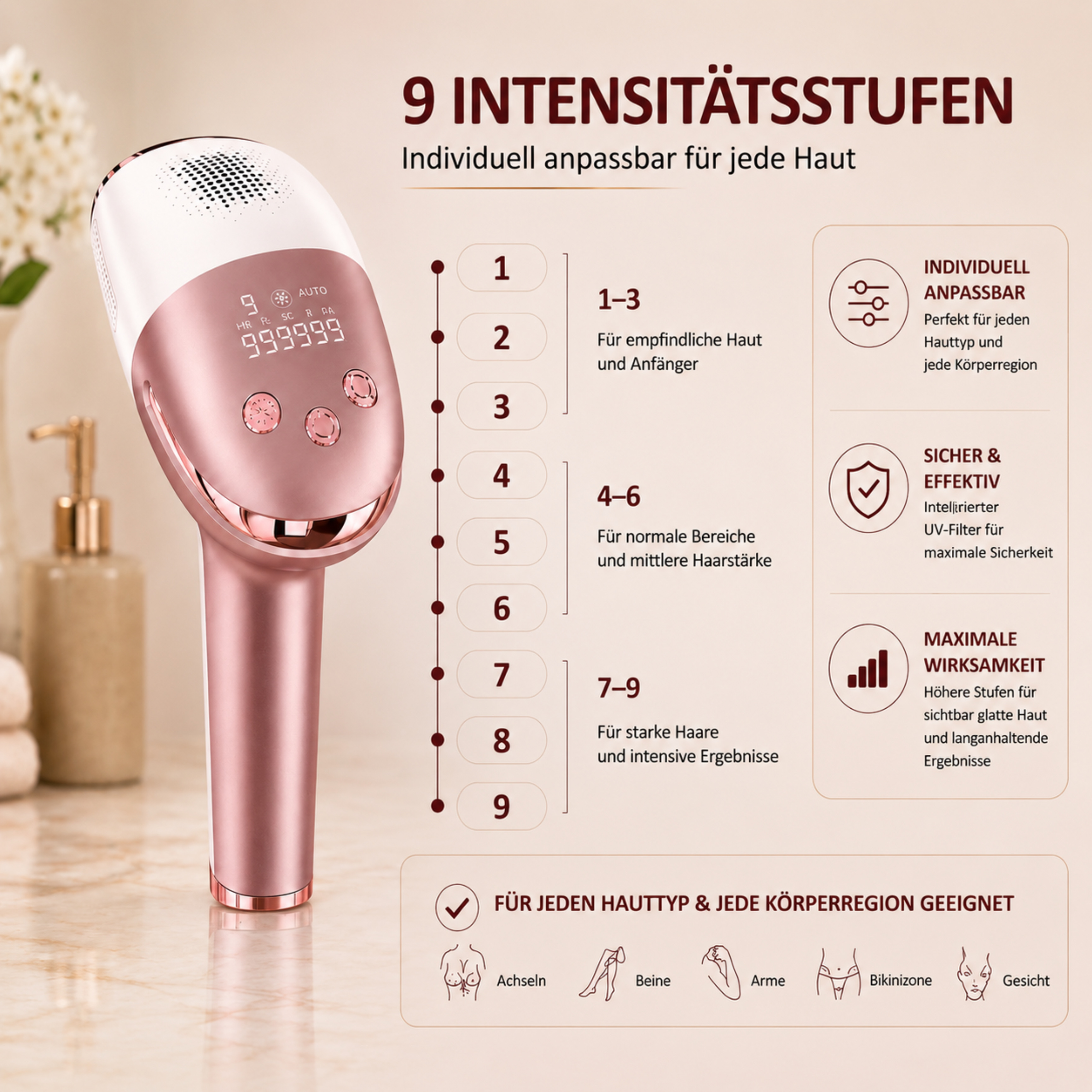 Rosafarbener Epilierer mit 9 Intensitätsstufen und LCD-Anzeige, daneben eine Übersicht.
