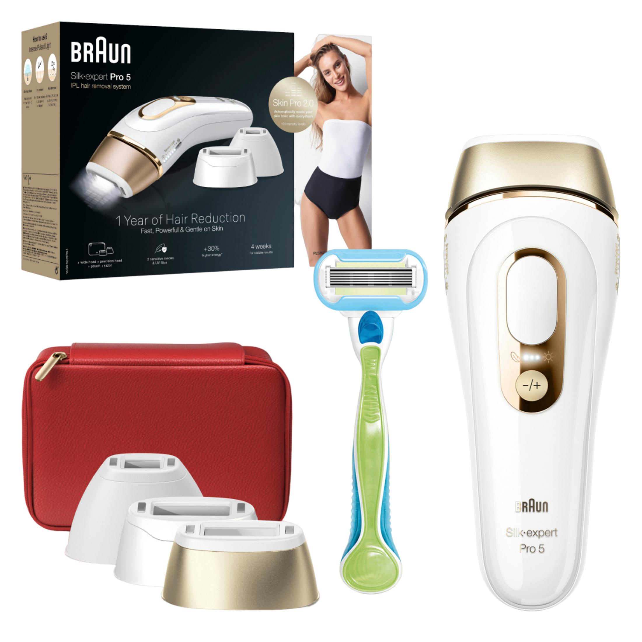 Braun IPL Haarentferner mit Rasierer, Tasche und Aufsätzen.