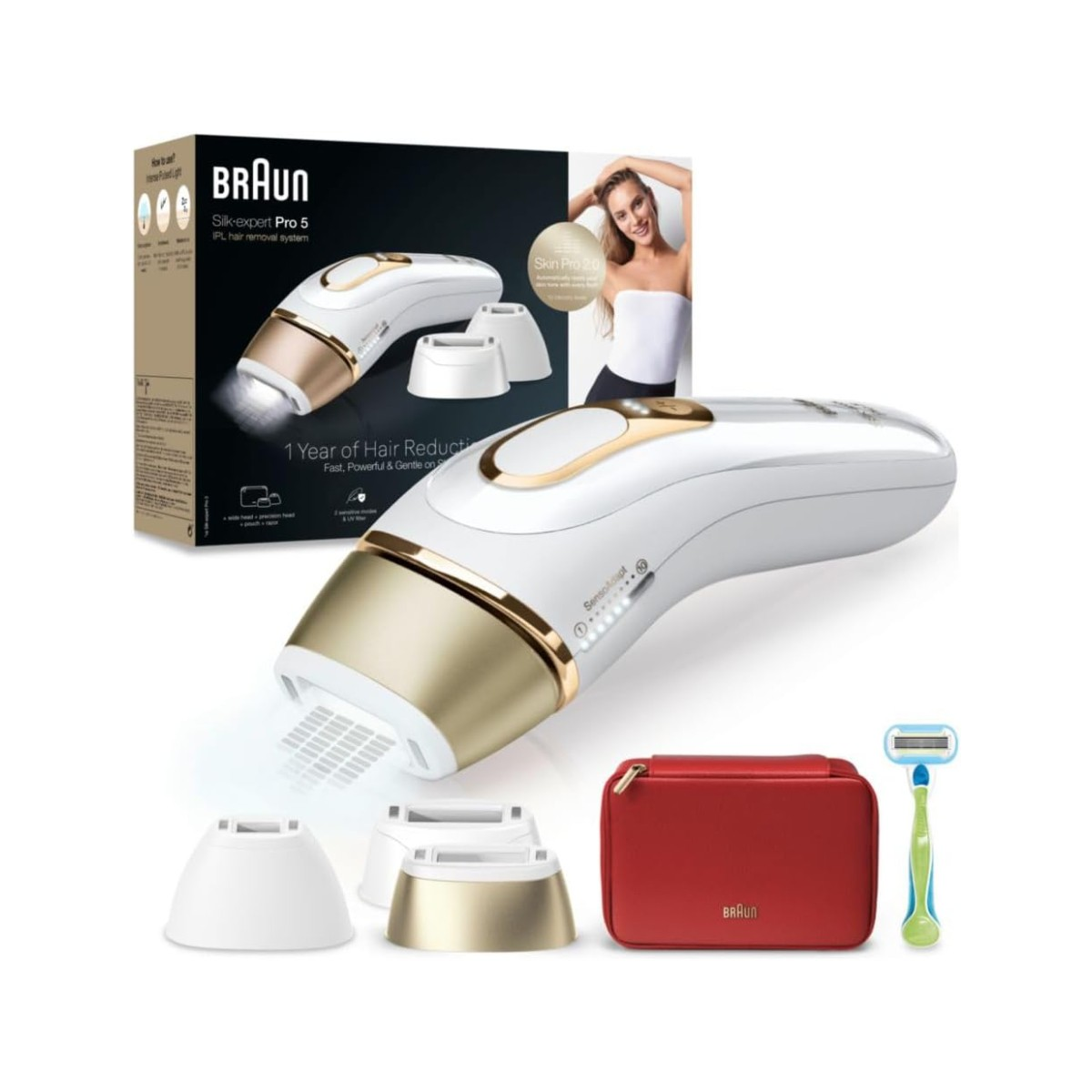 Braun IPL Haarentferner mit Zubehör: Gerät, Aufsätze, Etui und Rasierer.