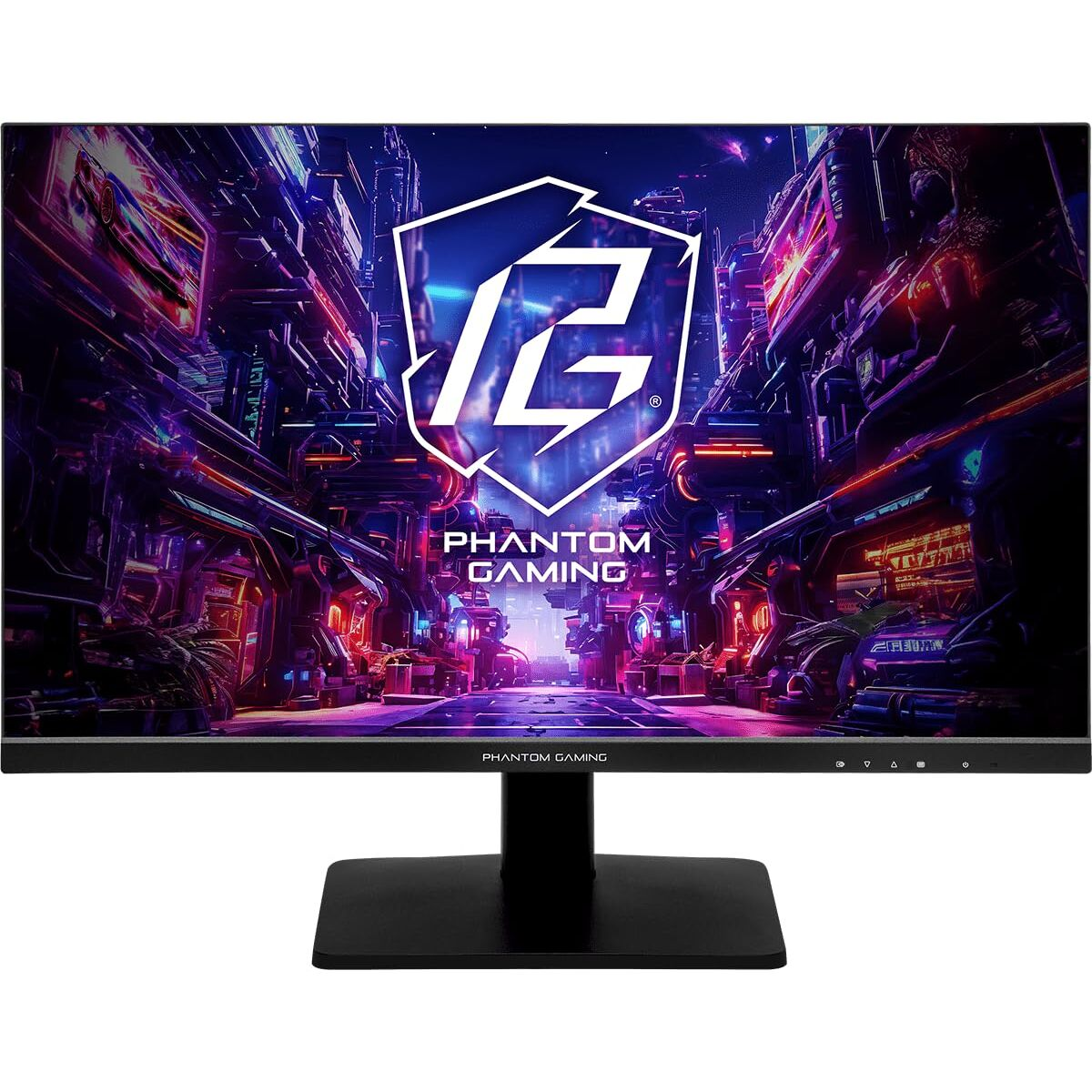 Un monitor da gioco con una scena di città futuristica e il logo Phantom Gaming.