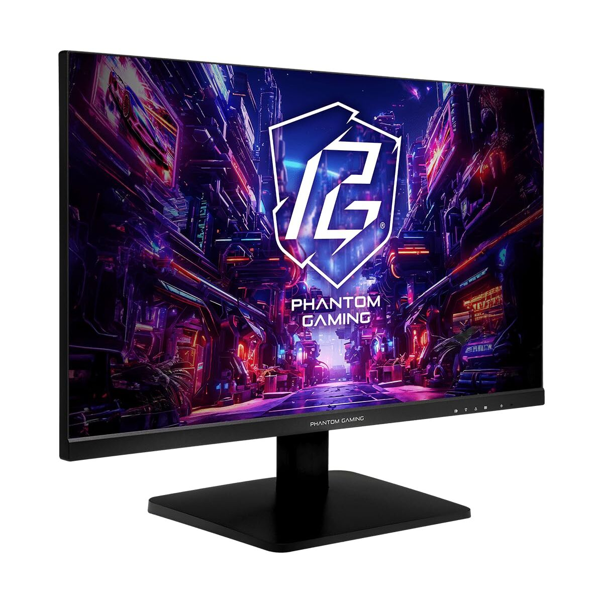 Un monitor da gaming con logo stilizzato su sfondo di città futuristica.