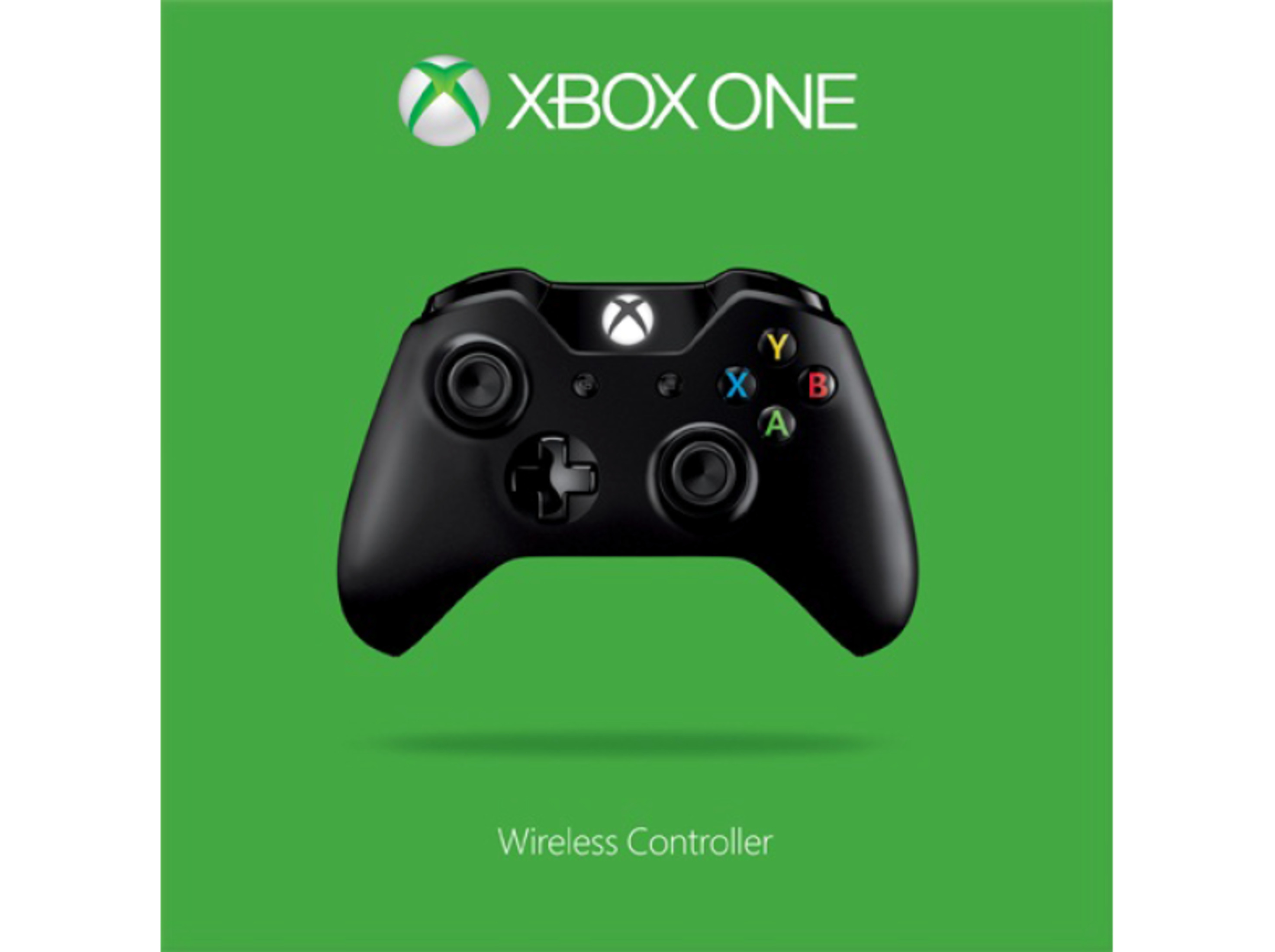 Controller nero Xbox One su sfondo verde con testo.