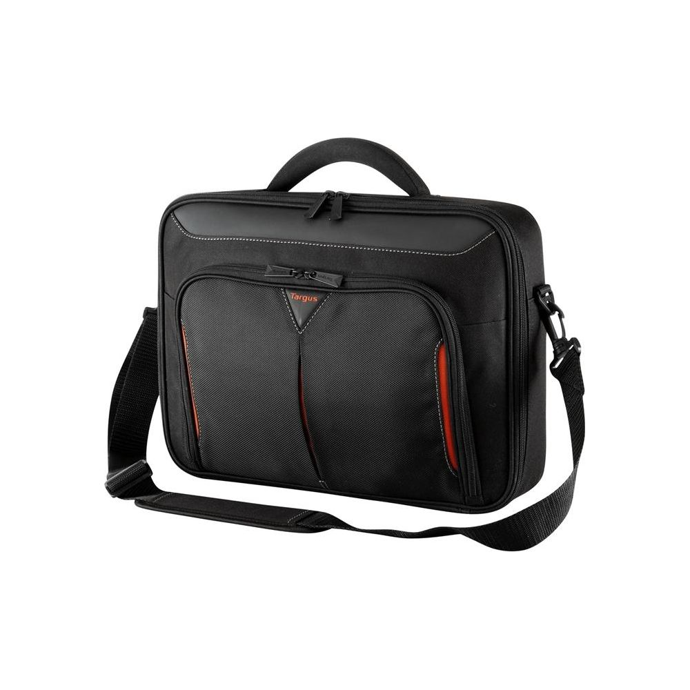 Borsa nera Targus per laptop con accenti arancioni e tracolla.