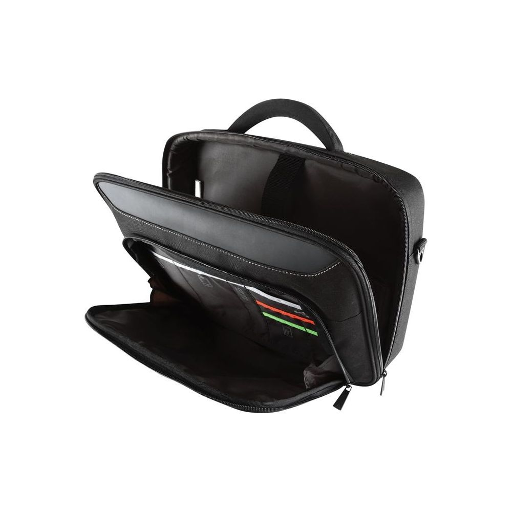 Borsa nera per laptop con scomparto principale aperto e tasche.