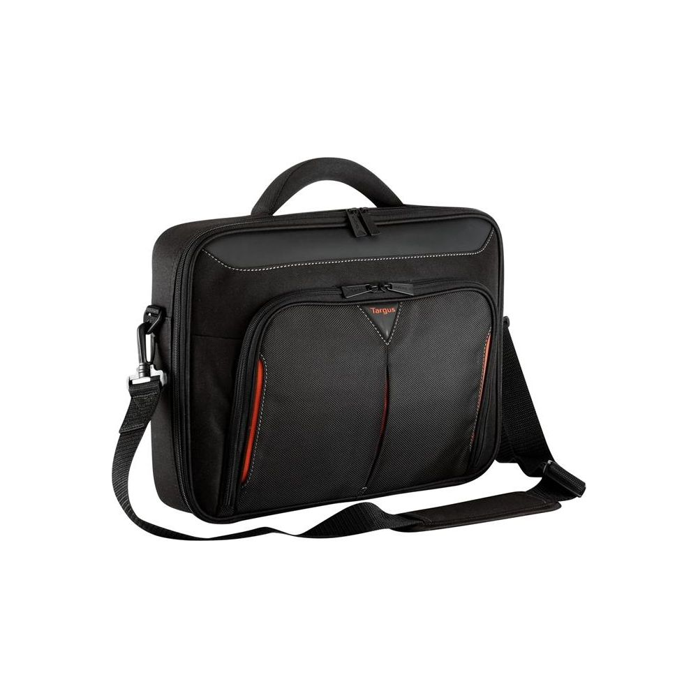 Una borsa nera per laptop Targus con accenti arancioni e tracolla.