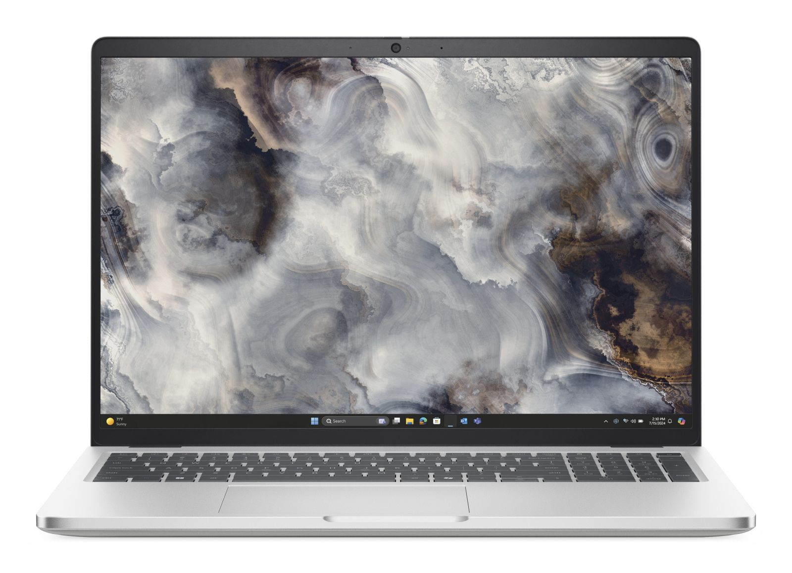 Ein geöffneter Laptop mit einem abstrakten Hintergrund auf dem Bildschirm und einer Tastatur.