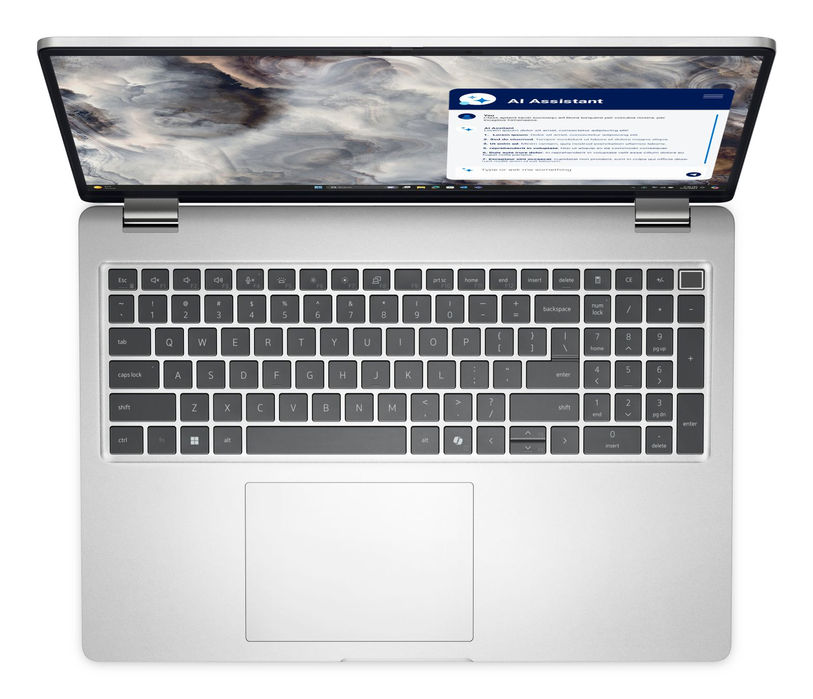 Ein silberner Laptop ist geöffnet und zeigt einen Bildschirm mit einer KI-Assistentenoberfläche und einer Tastatur.