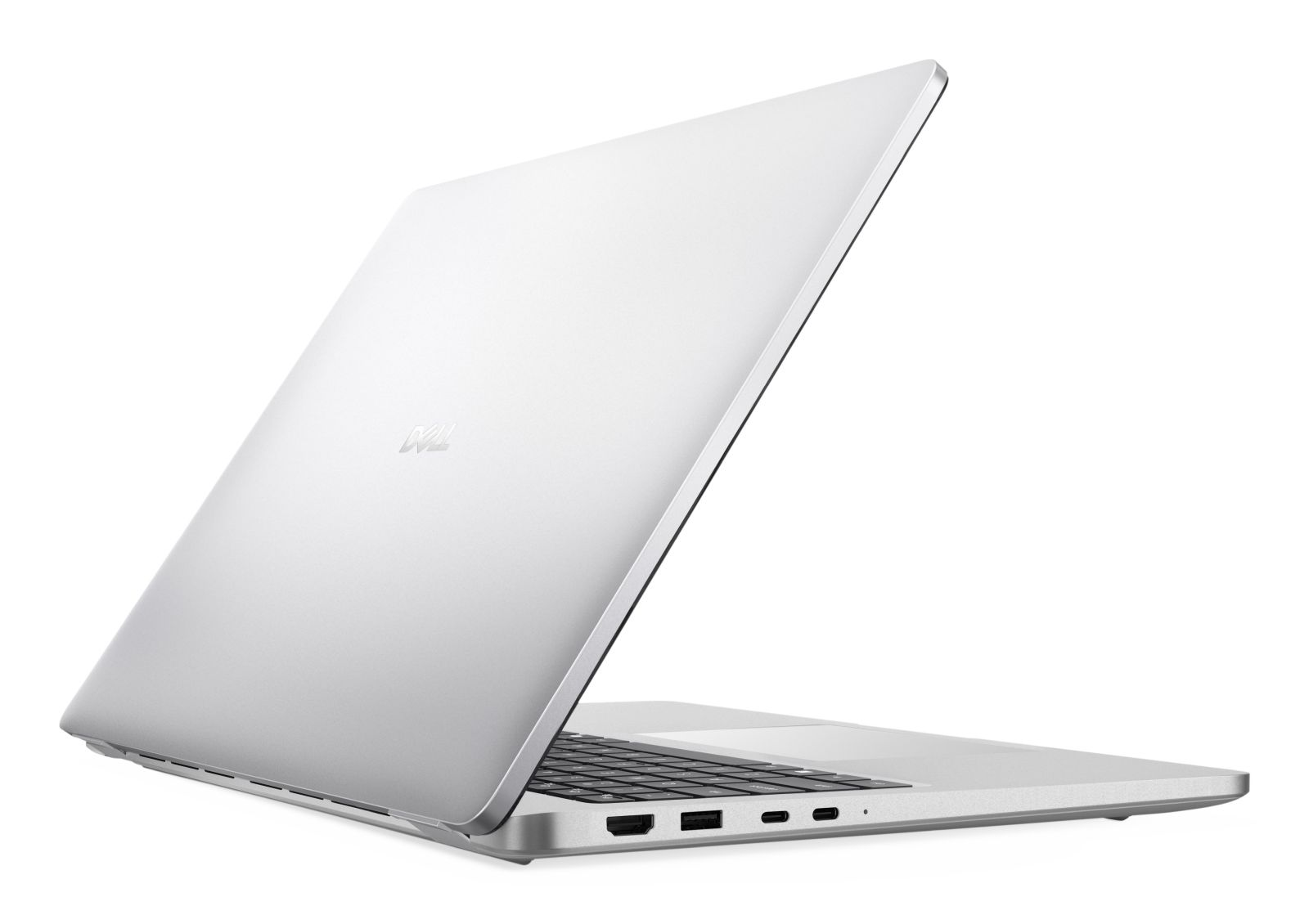 Silberner Laptop mit geöffnetem Deckel auf weißem Hintergrund.