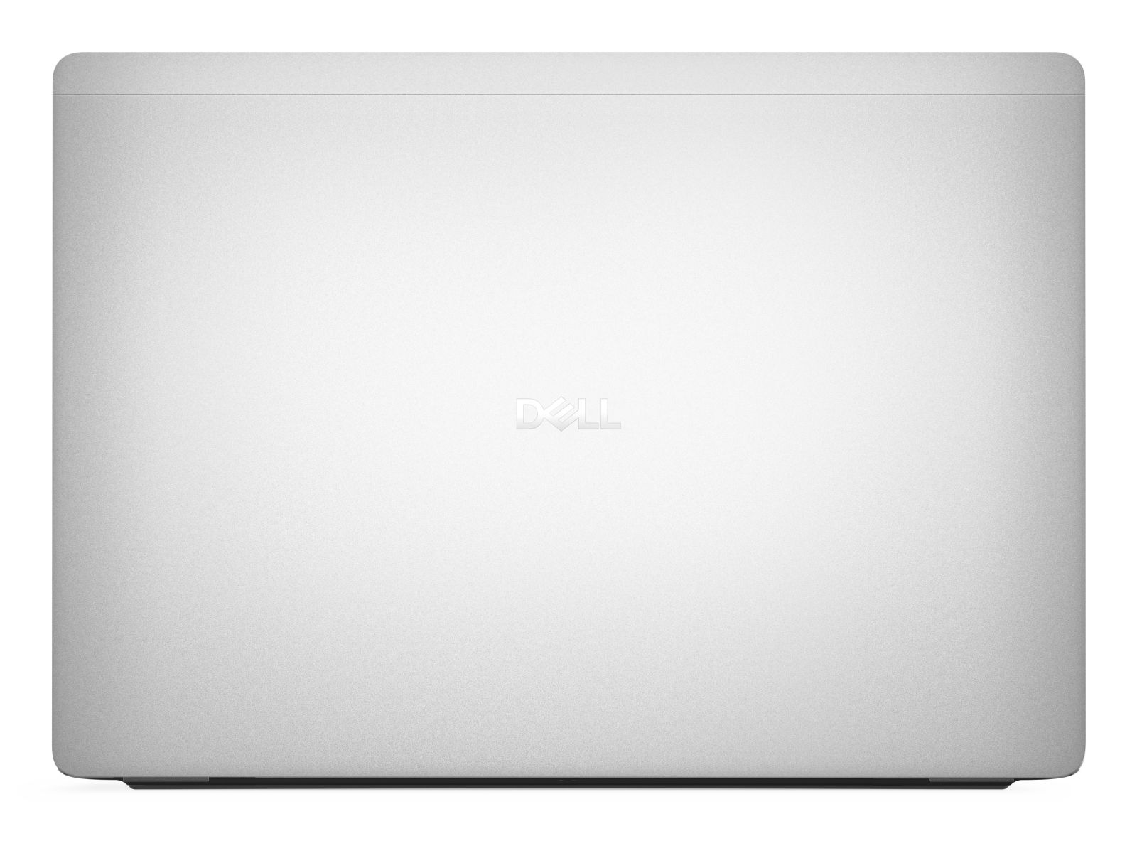 Geschlossener silberner Dell Laptop von oben, mit Dell Logo in der Mitte.