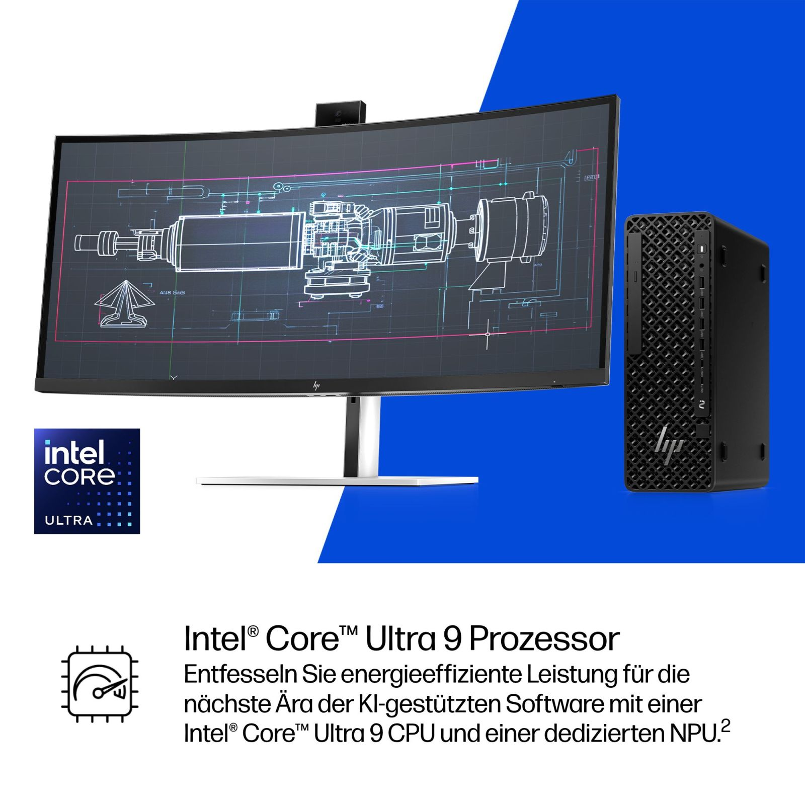 Un monitor curvo mostra un progetto, accanto a un mini PC HP nero. Logo Intel Core Ultra.