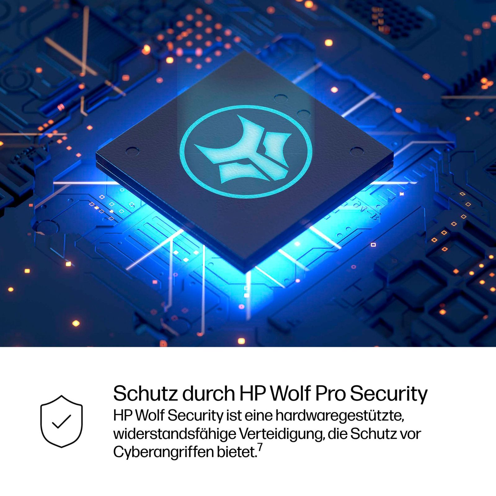 Un chip blu con logo su un circuito. Protezione di HP Wolf Pro Security.