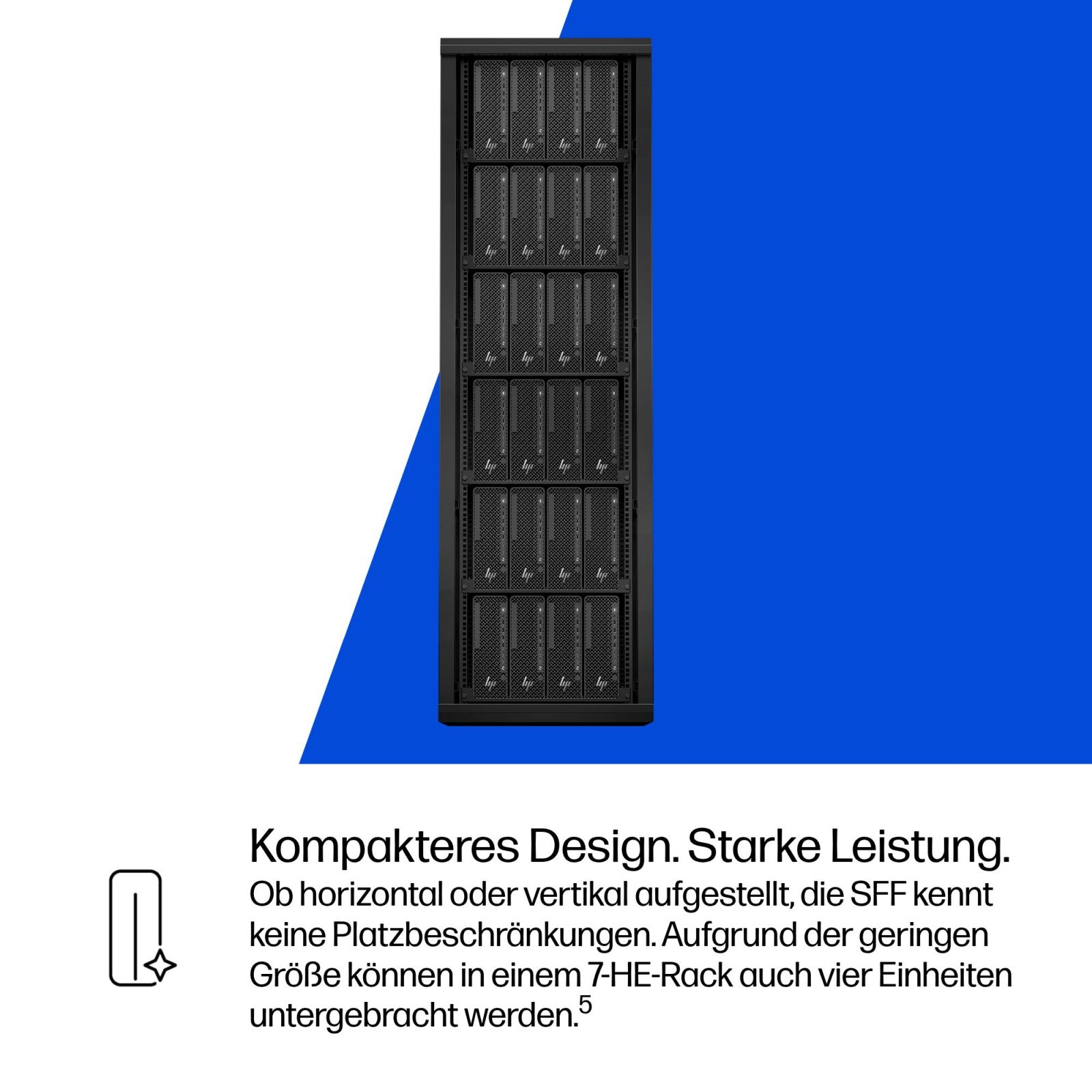 Un rack server nero con molti slot, su sfondo blu e bianco.