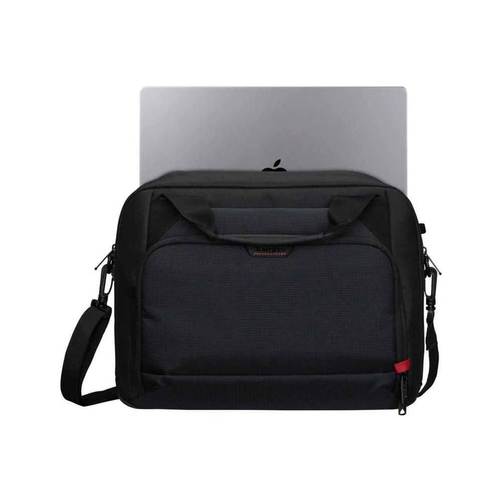 Sacoche noire pour ordinateur portable avec un ordinateur portable argenté sur fond blanc.