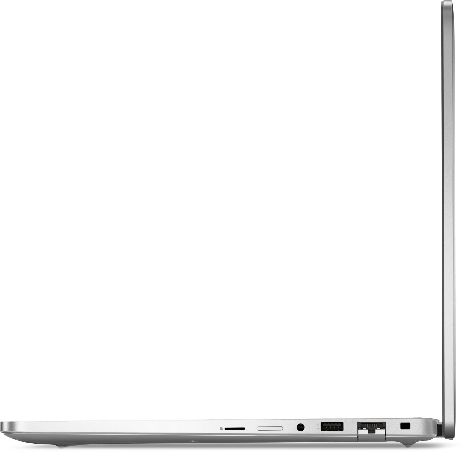 Silberner Laptop von der Seite, mit Anschlüssen.