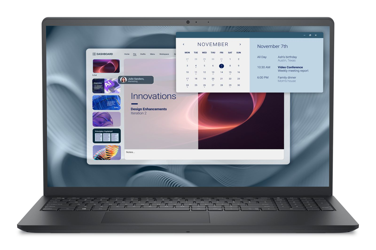 Ein Laptop zeigt einen Kalender und Notizen. Der Kalender zeigt den November.