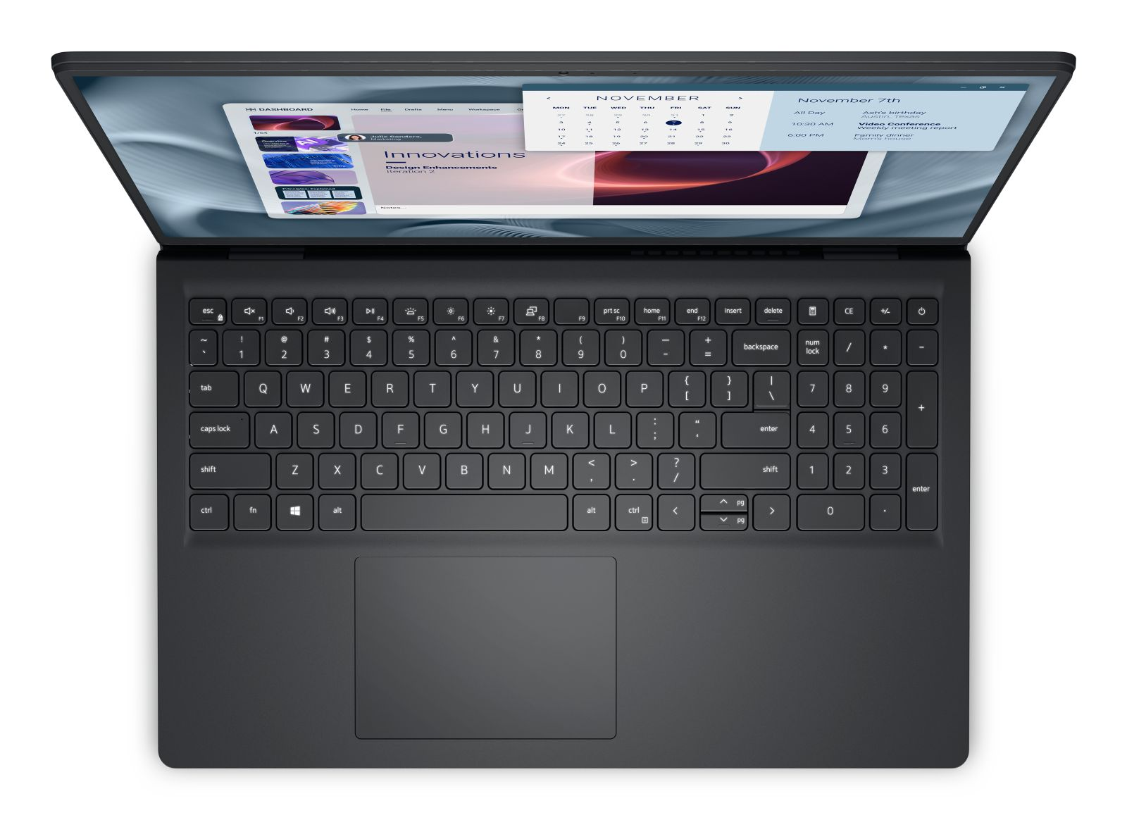 Ein schwarzer Laptop ist geöffnet und zeigt ein Dashboard mit Kalender und Aufgaben. Die Tastatur ist sichtbar.