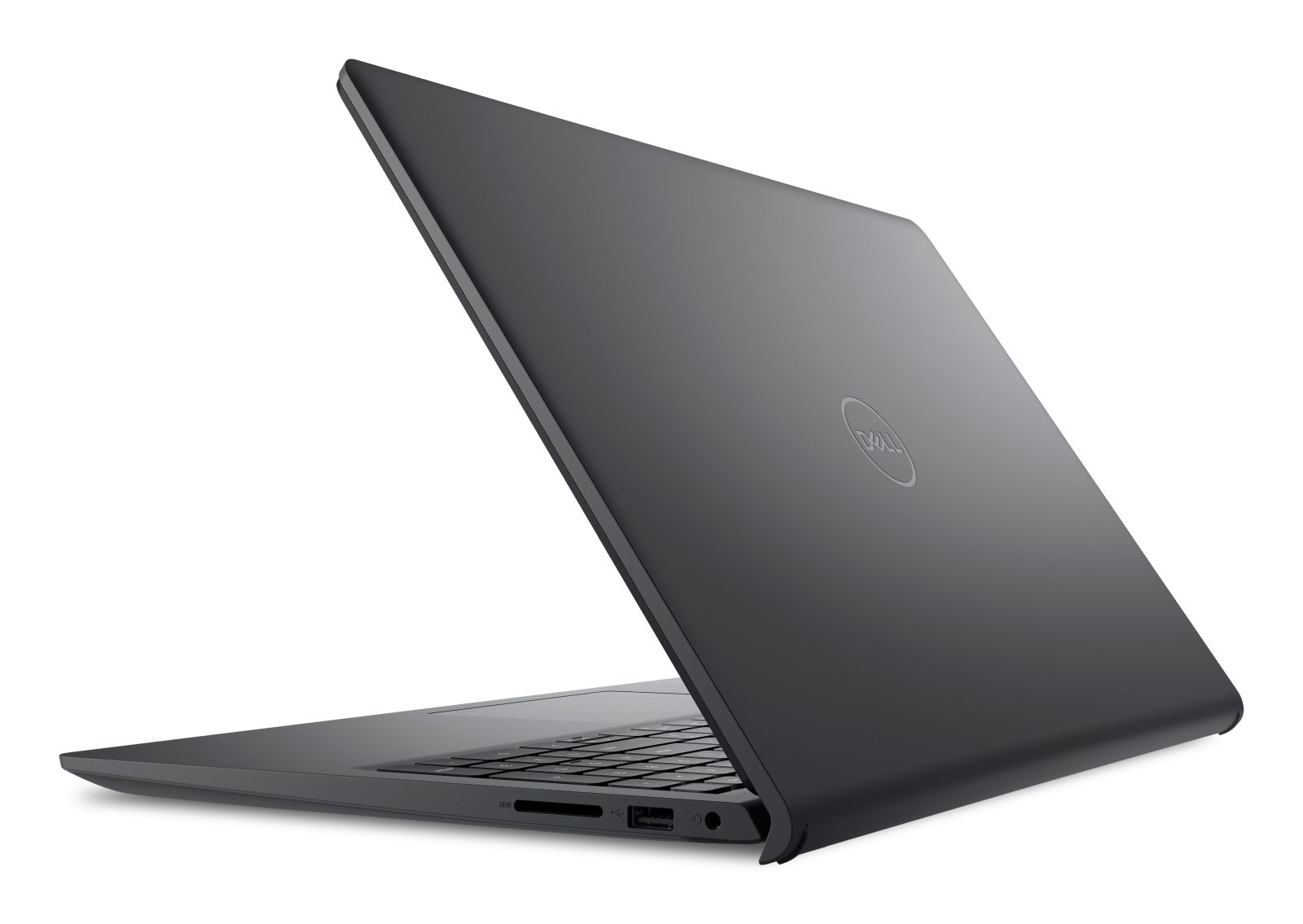 Ein geschlossener, dunkler Dell Laptop mit dem Logo auf dem Deckel.
