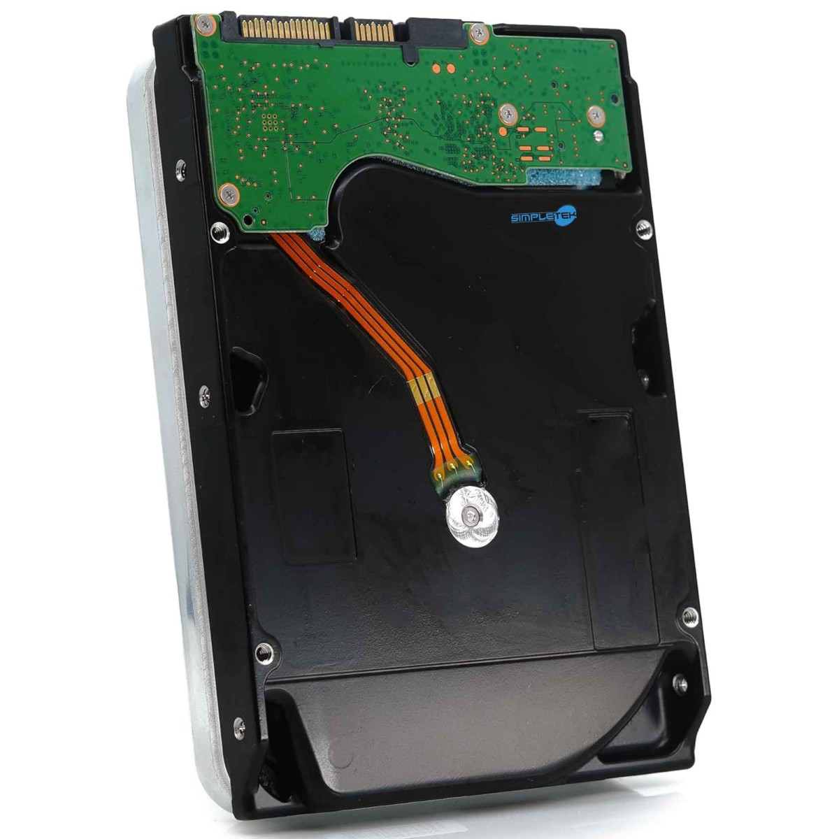 Siyah kasada yeşil PCB, turuncu kablolar ve SILVERTEK logosu bulunan sabit disk.