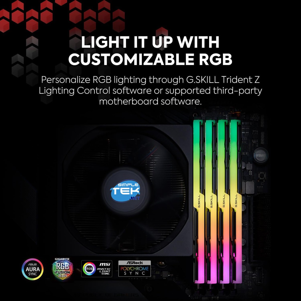 Scheda madre del computer con stick RAM RGB e dissipatore CPU. Testo: Light it up with customizable RGB.