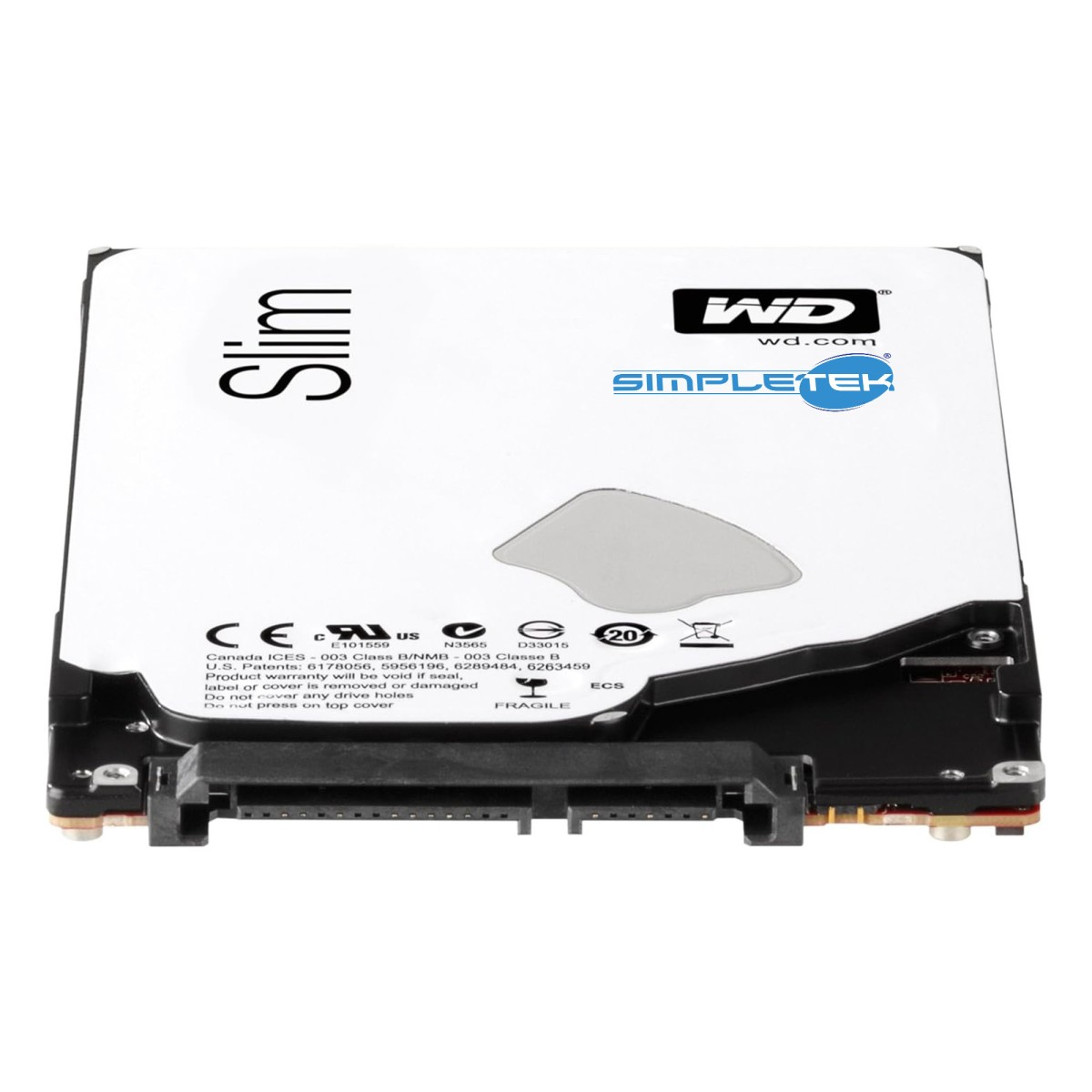 Un hard disk WD Slim con certificazioni CE e UL e adesivo fragile.