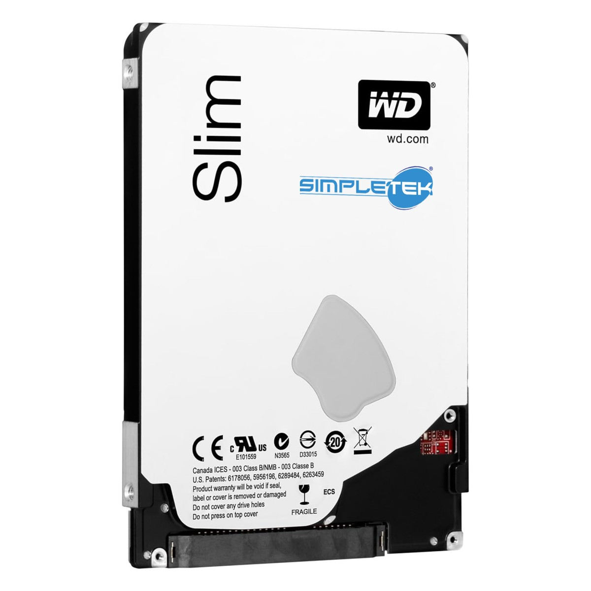 Un hard disk WD Slim bianco con loghi e certificazioni su sfondo bianco.
