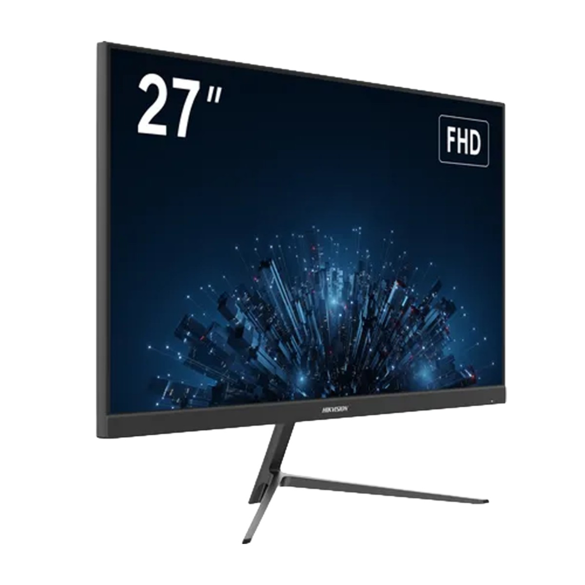 Monitor FHD da 27 pollici con supporto moderno e grafica astratta sullo schermo.
