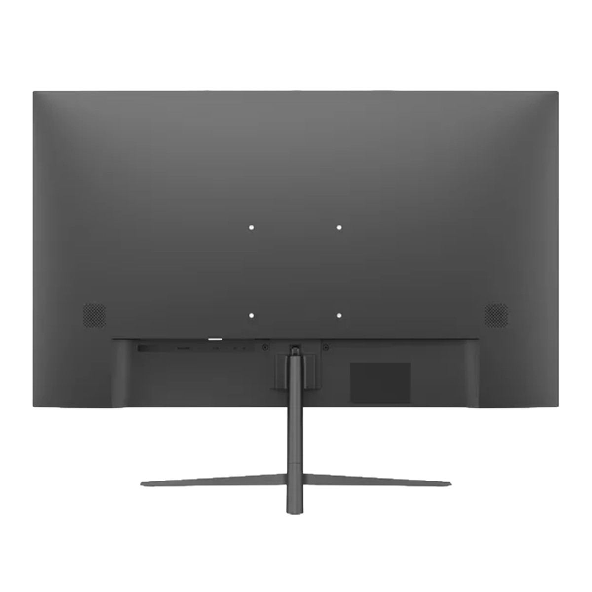 Vista posteriore di un monitor nero con supporto e porte visibili.