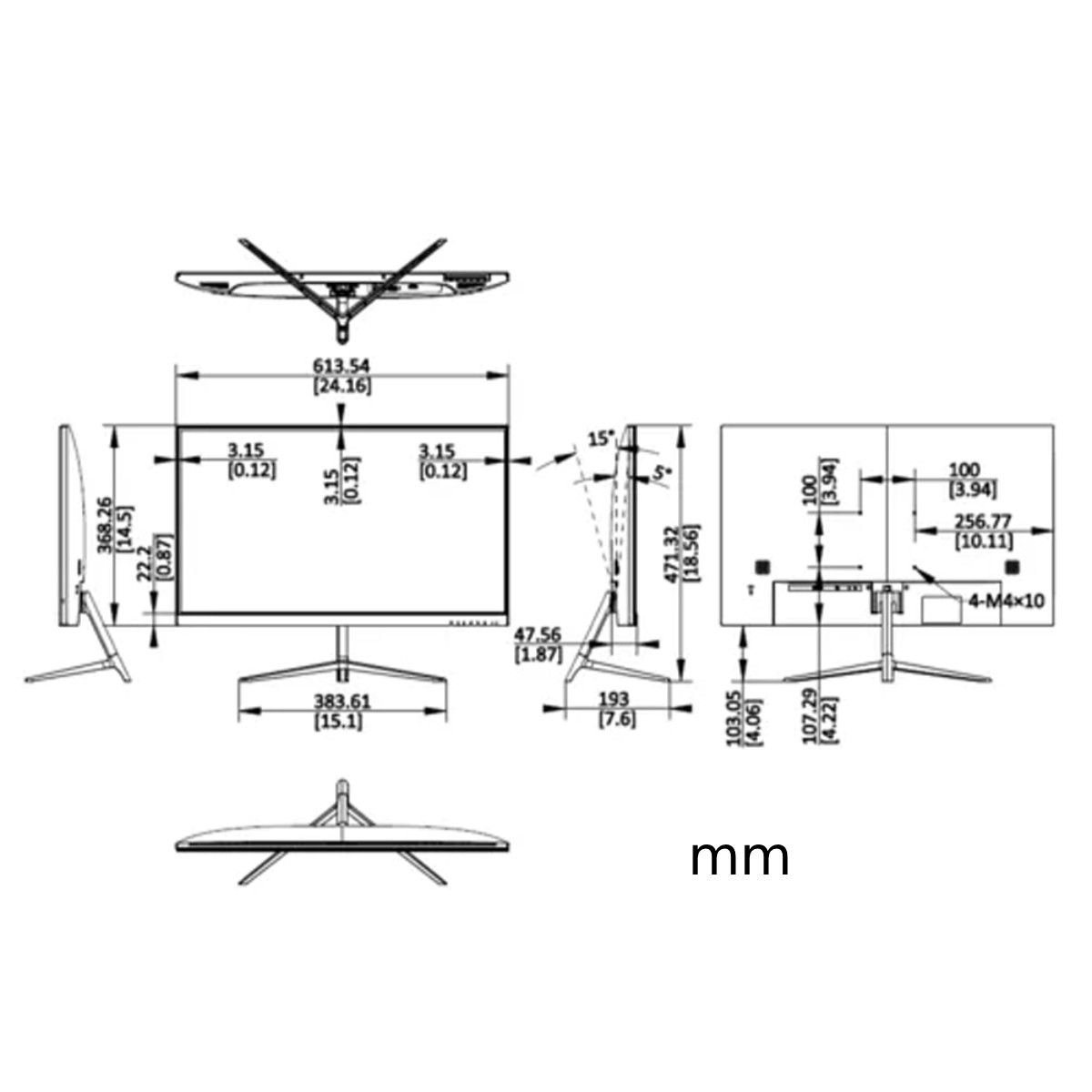 Disegno tecnico di un monitor con dimensioni in mm e pollici.