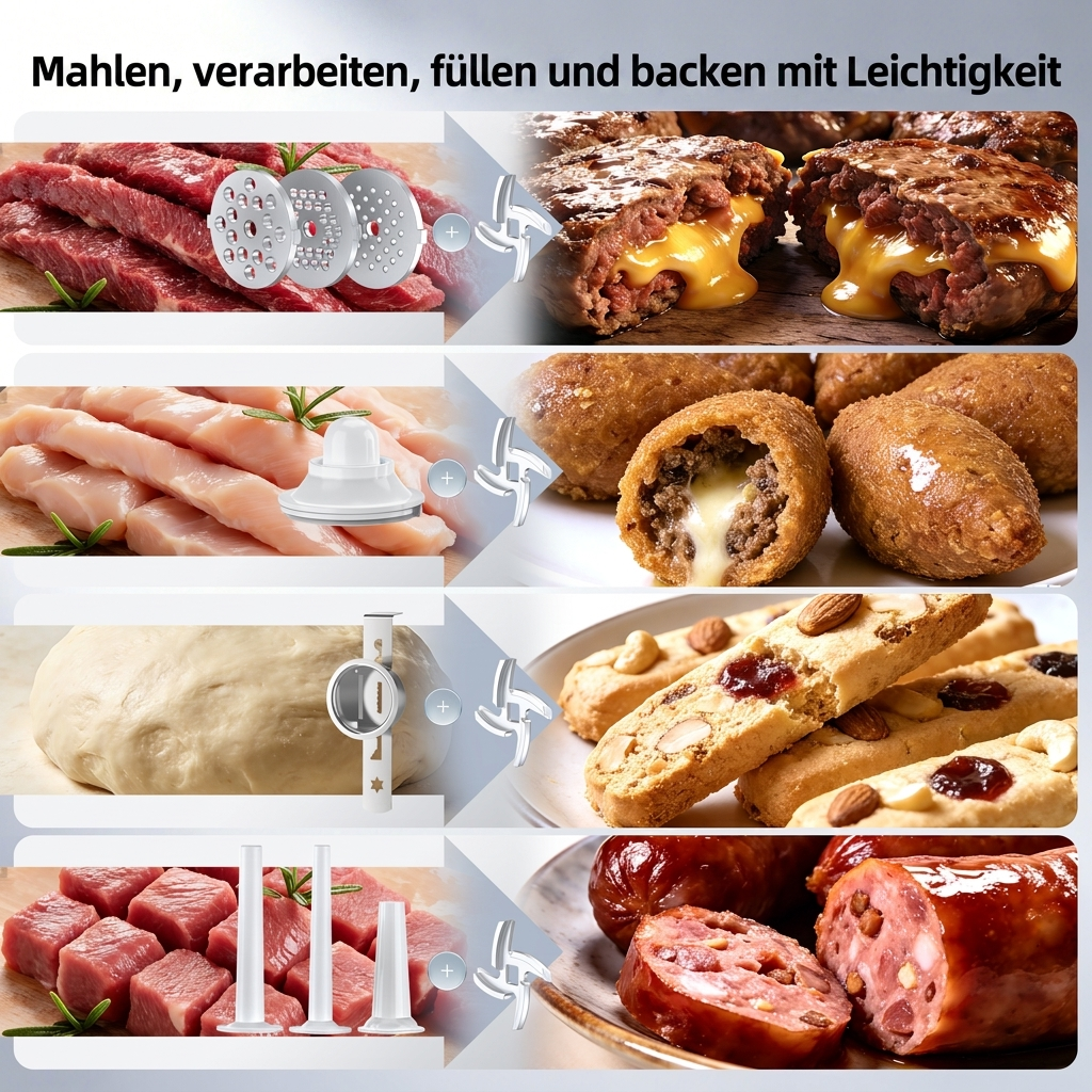 Fleischwolf zeigt rohes Fleisch, Hähnchen, Teig und Wurstherstellung.