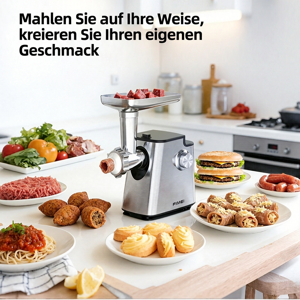 Fleischwolf mit Zutaten und zubereiteten Speisen wie Burger, Würstchen und Gebäck.