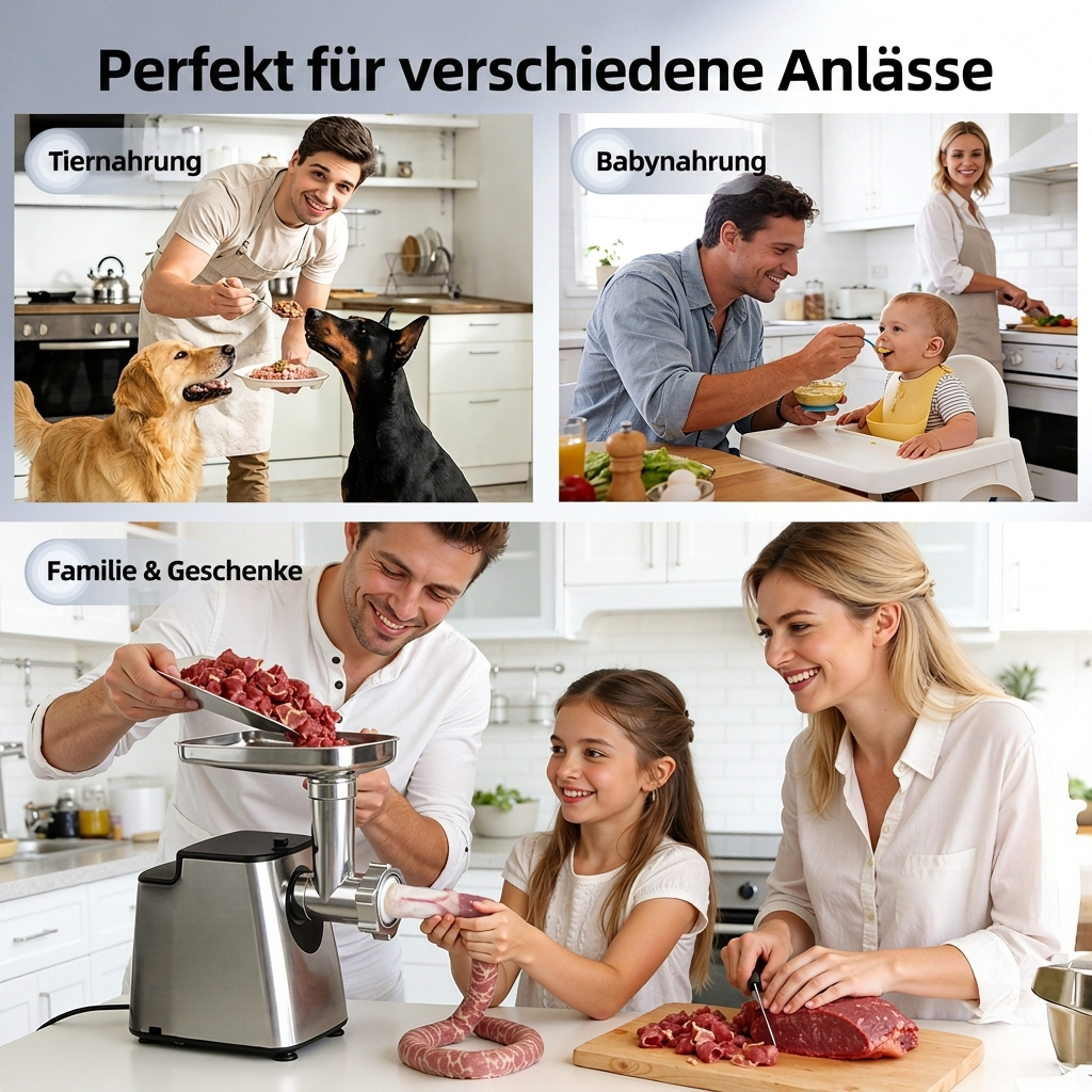 Drei Szenen: Füttern von Hunden, Babyfütterung und Familie verarbeitet Fleisch.