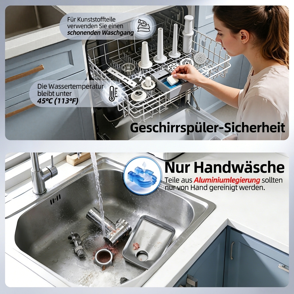 Bilder zeigen Spülmaschinen-Sicherheit und Handwäsche für Aluminiumteile.