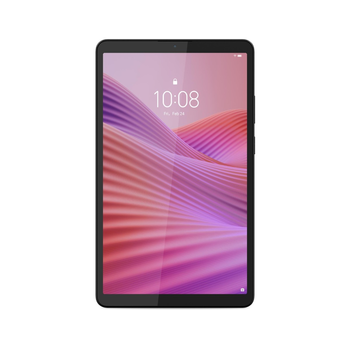 Un tablet nero con schermo bloccato che mostra le 10:08.
