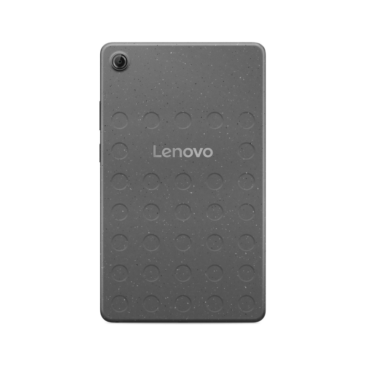 Tablet Lenovo grigio con sensore fotocamera in alto a sinistra e motivo a cerchi.